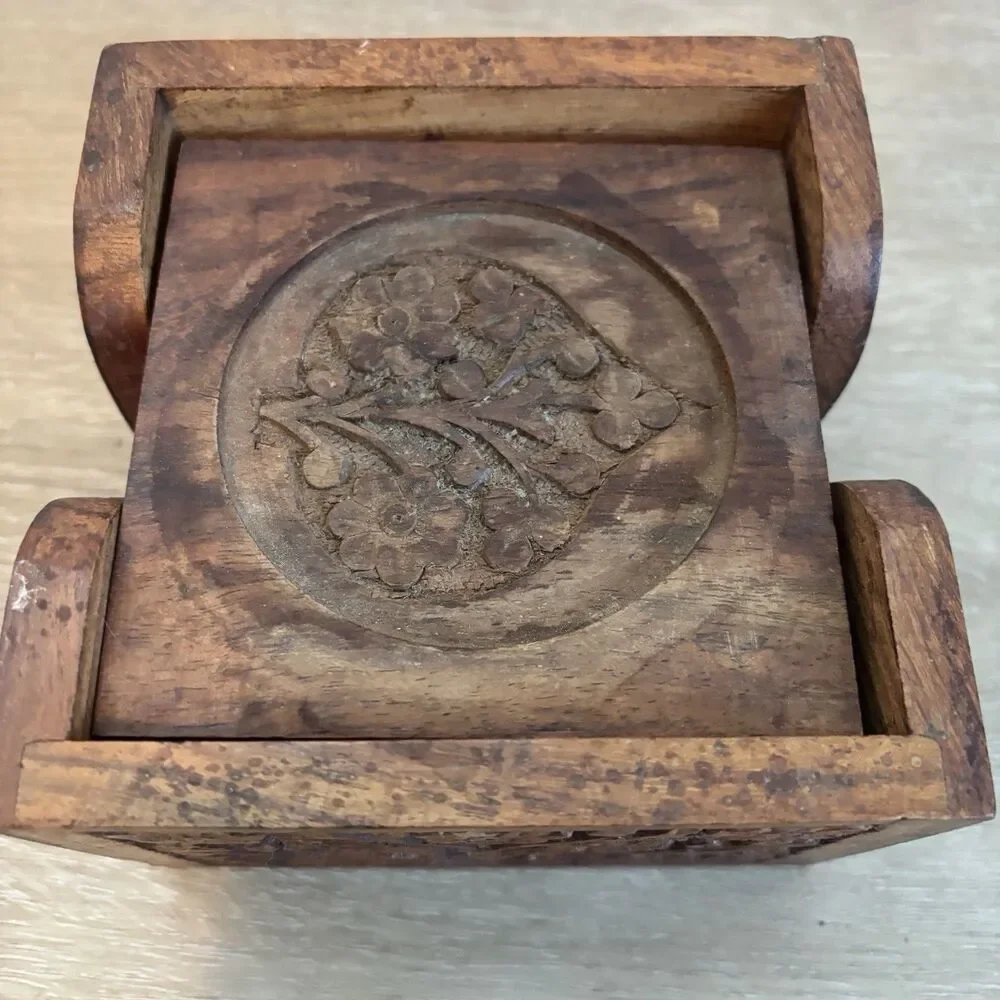Vintage Hand Carved Wood Coaster Set Caddy Floral Leaf Indian Wooden Drink Mat